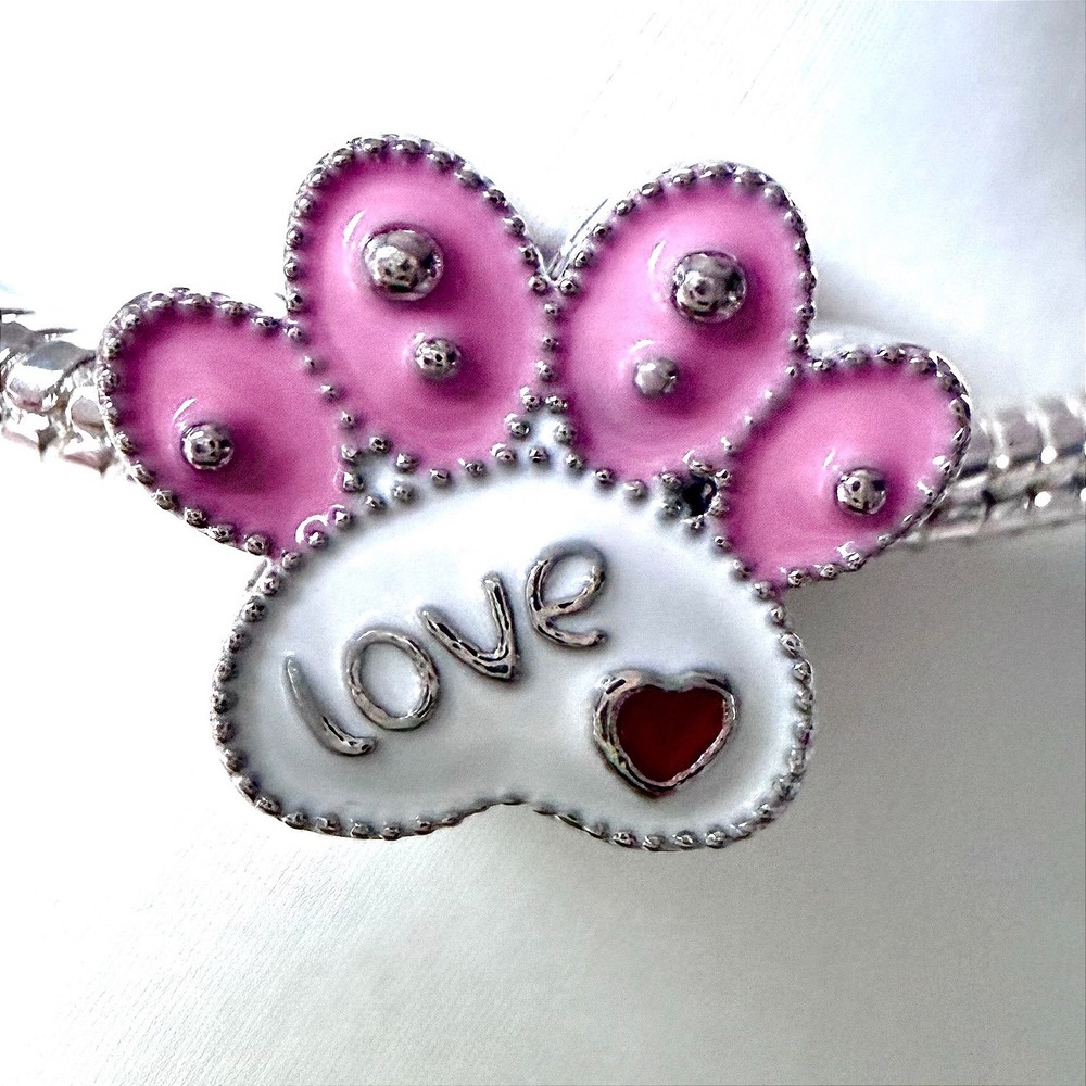 Pandora-like Bead Charm Fits Snake Chain Bracelet Pink Paw Love